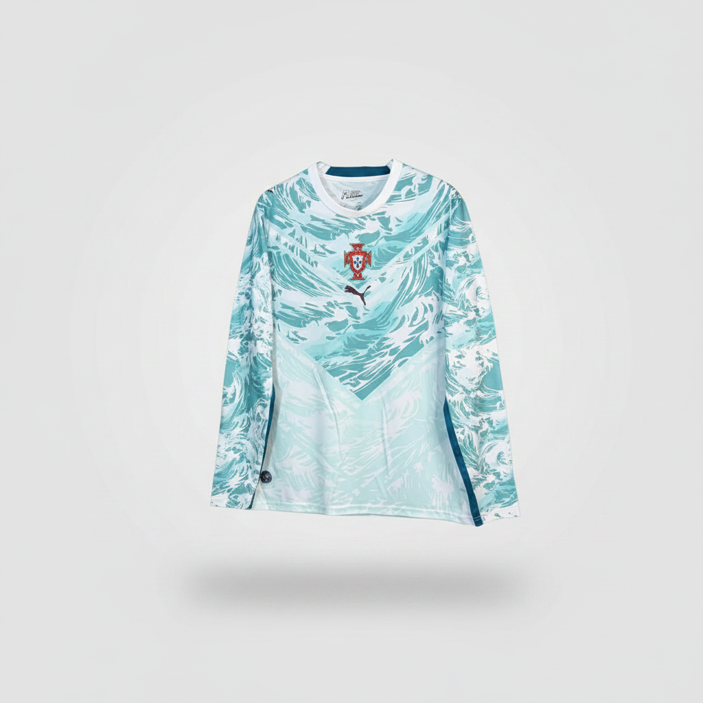 White long sleeve football jersey with teal ocean wave marble swirl graphic print, red shield crest and teal side panels
