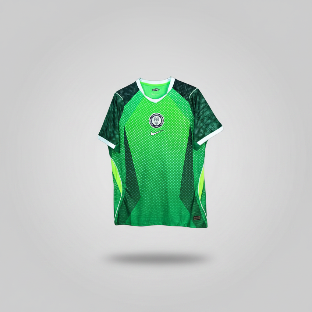 Lime green football jersey with dot mesh texture, dark green raglan sleeves, neon yellow curved side panels and white V-neck collar