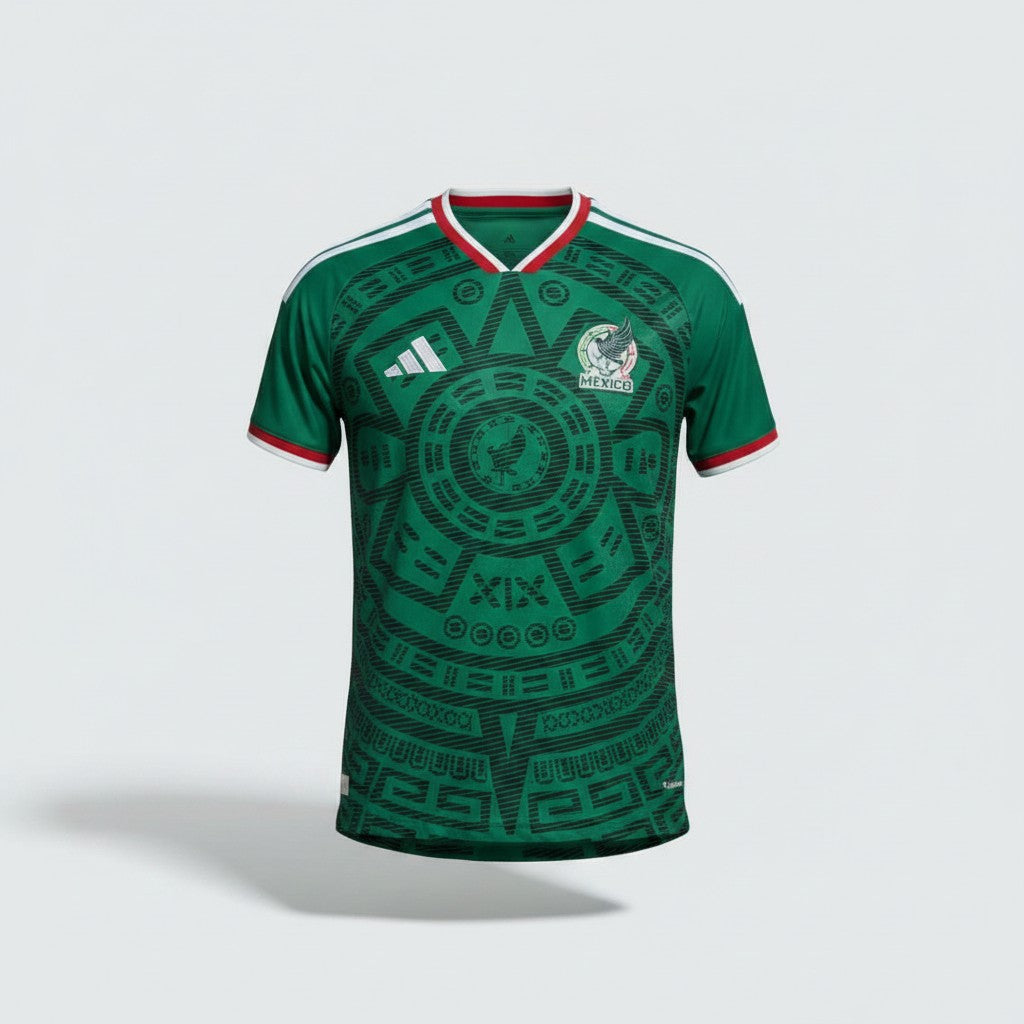 Deep green football jersey with tonal Aztec Mayan calendar circular graphic print, white three-stripe shoulders and embroidered eagle crest