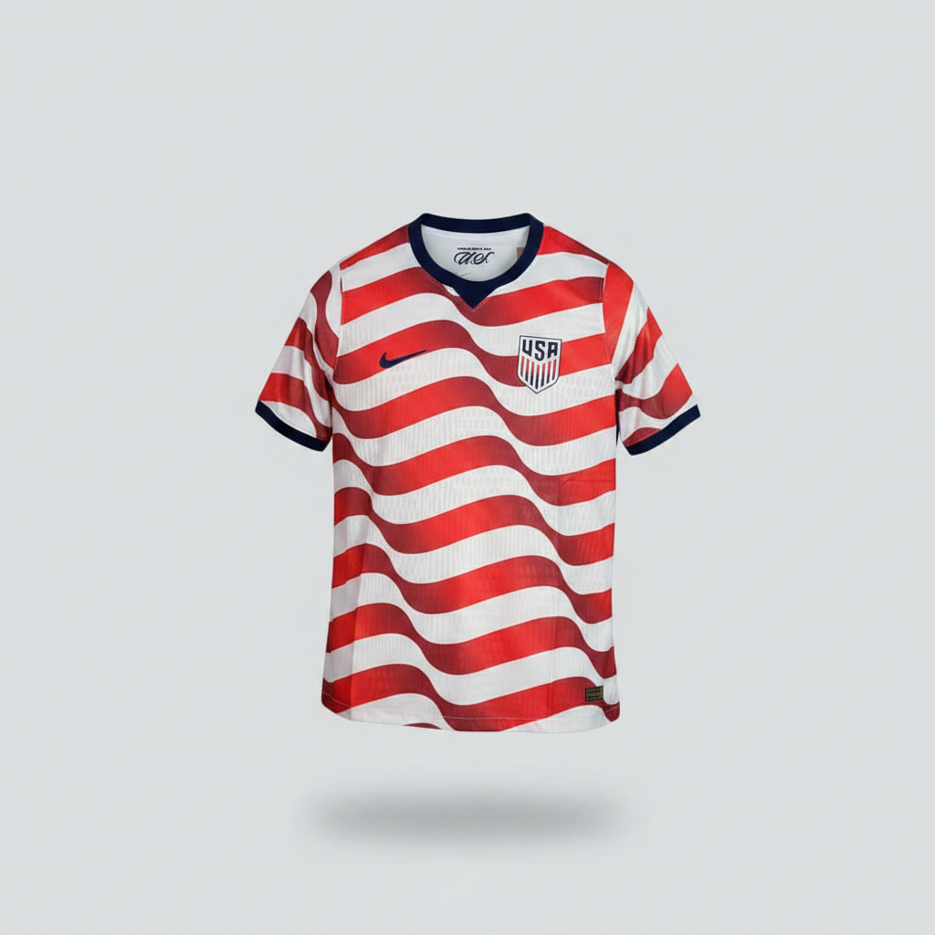 White football jersey with bold red horizontal wave stripes, navy V-neck collar and embroidered shield crest