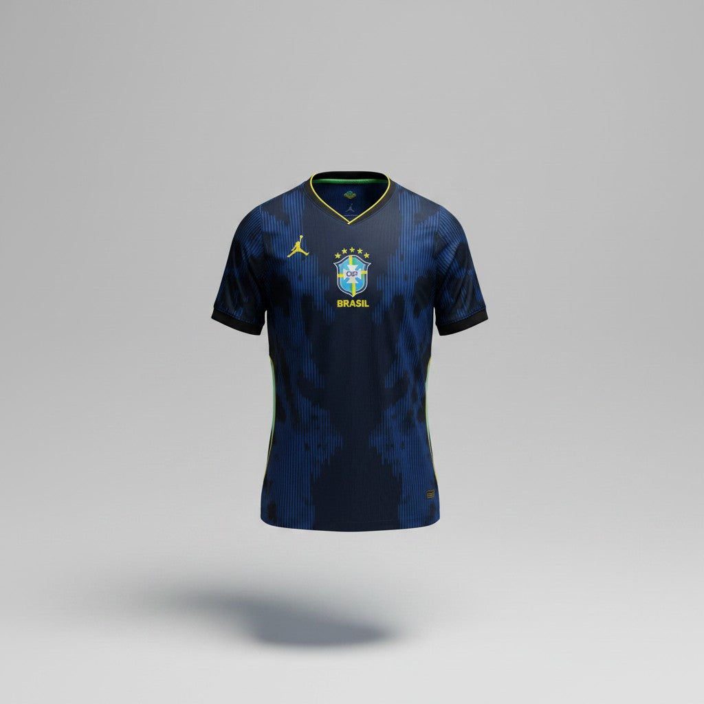 Dark navy football jersey with electric blue lightning graphic pattern, neon yellow V-neck collar, Jumpman logo and five-star shield crest