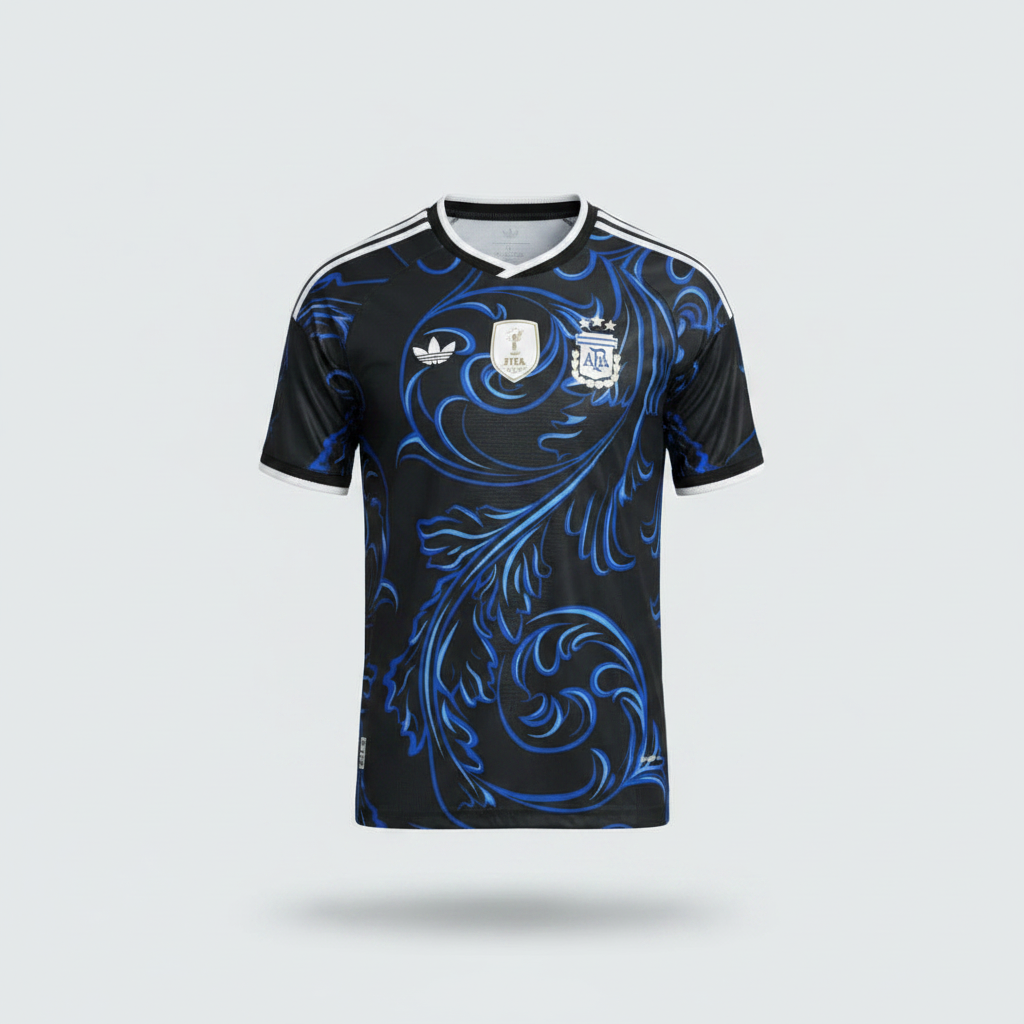 Black football jersey with intricate electric blue baroque floral swirl graphic print, white three-stripe shoulders and embroidered three-star shield crest