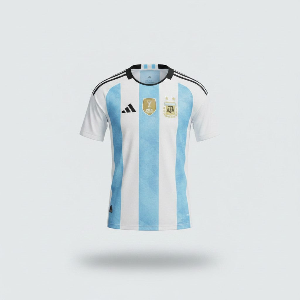 White and sky blue vertical stripe football jersey with black crew neck collar, three-bar logo, gold winner badge and embroidered shield crest