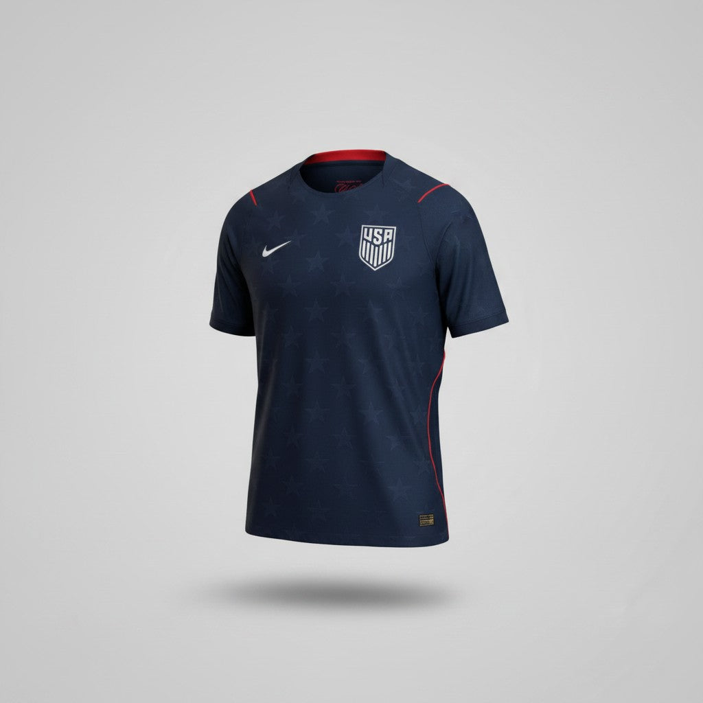 Dark navy football jersey with tonal geometric texture, red crew neck collar, red curved side panels and white shield crest