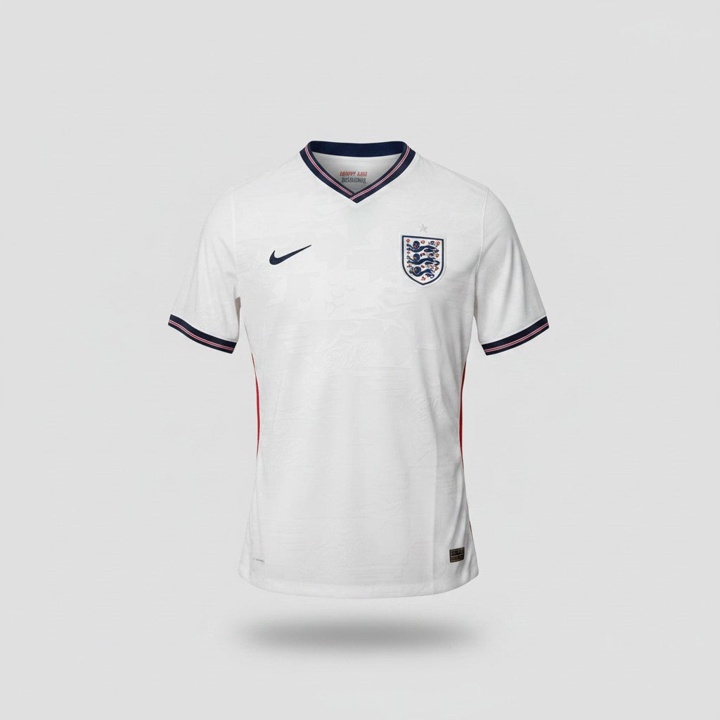 White football jersey with navy V-neck collar, red and white stripe trim, Three Lions shield crest and red curved side panels