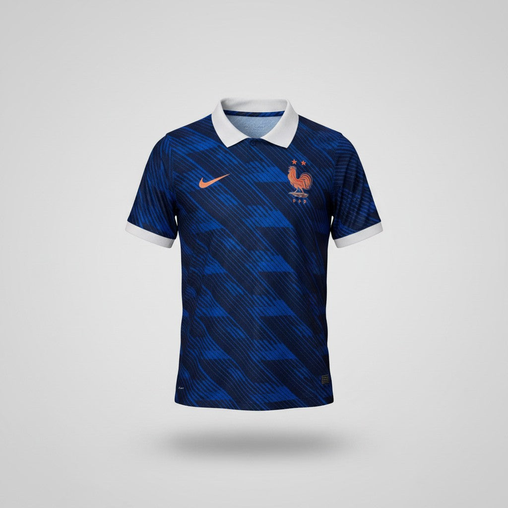 Navy blue France FFF home football jersey with diagonal graphic pattern, white polo collar and orange Nike swoosh