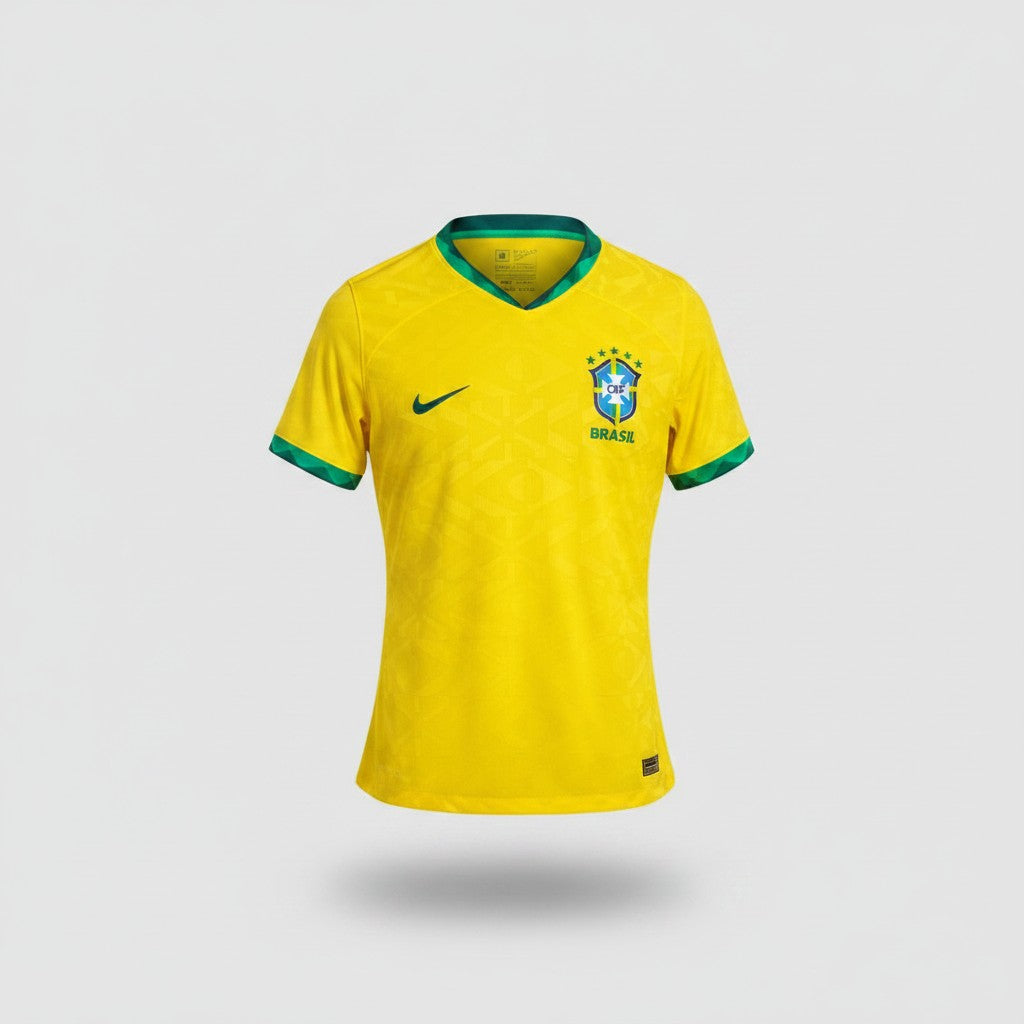 Yellow Brazil CBF home football jersey with green V-neck collar, green sleeve cuffs and Nike swoosh