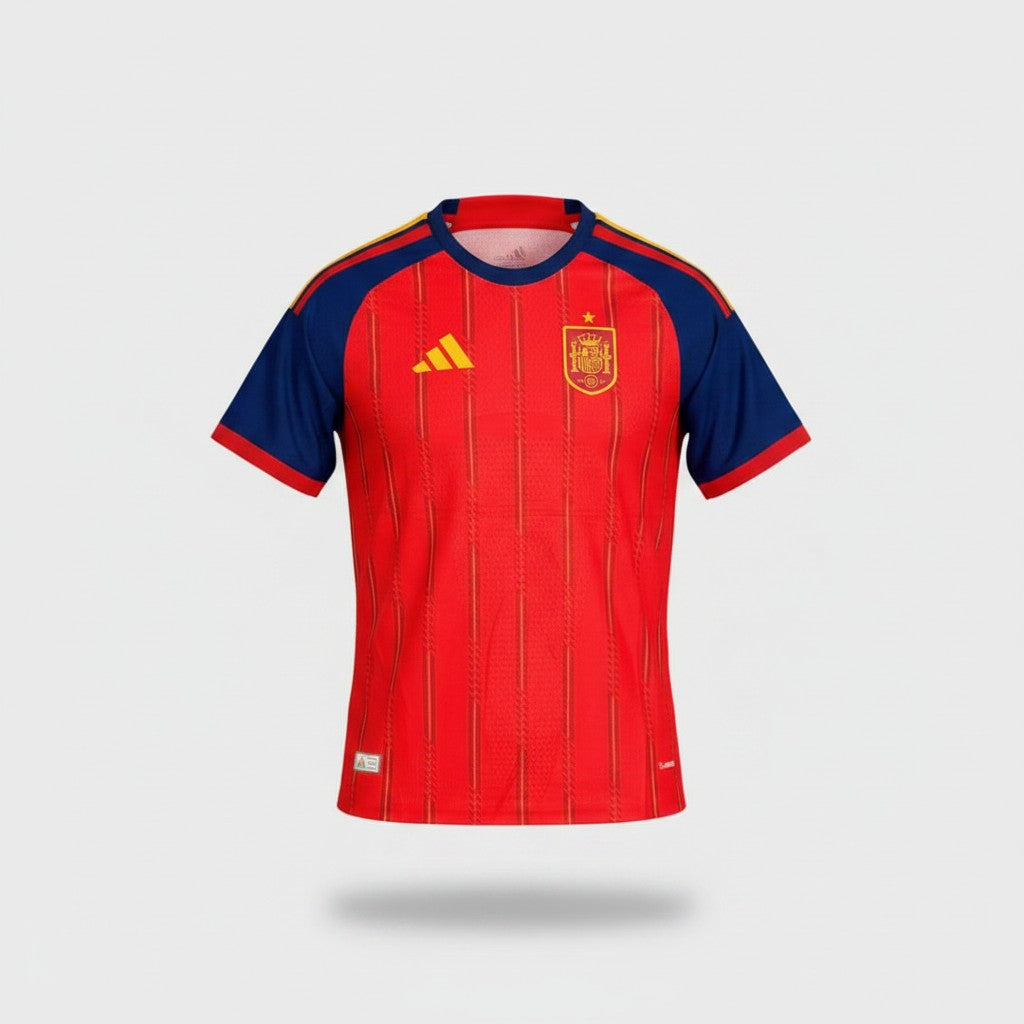 Red Spain RFEF home football jersey with navy raglan sleeves, gold pinstripes and yellow Adidas detailing