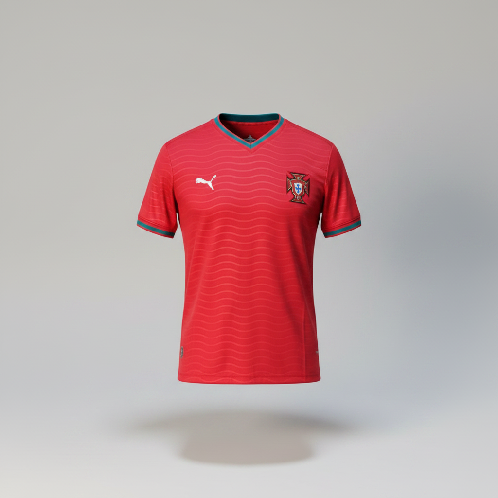 Crimson red Portugal FPF home football jersey with wave texture, teal V-neck collar and white Puma logo