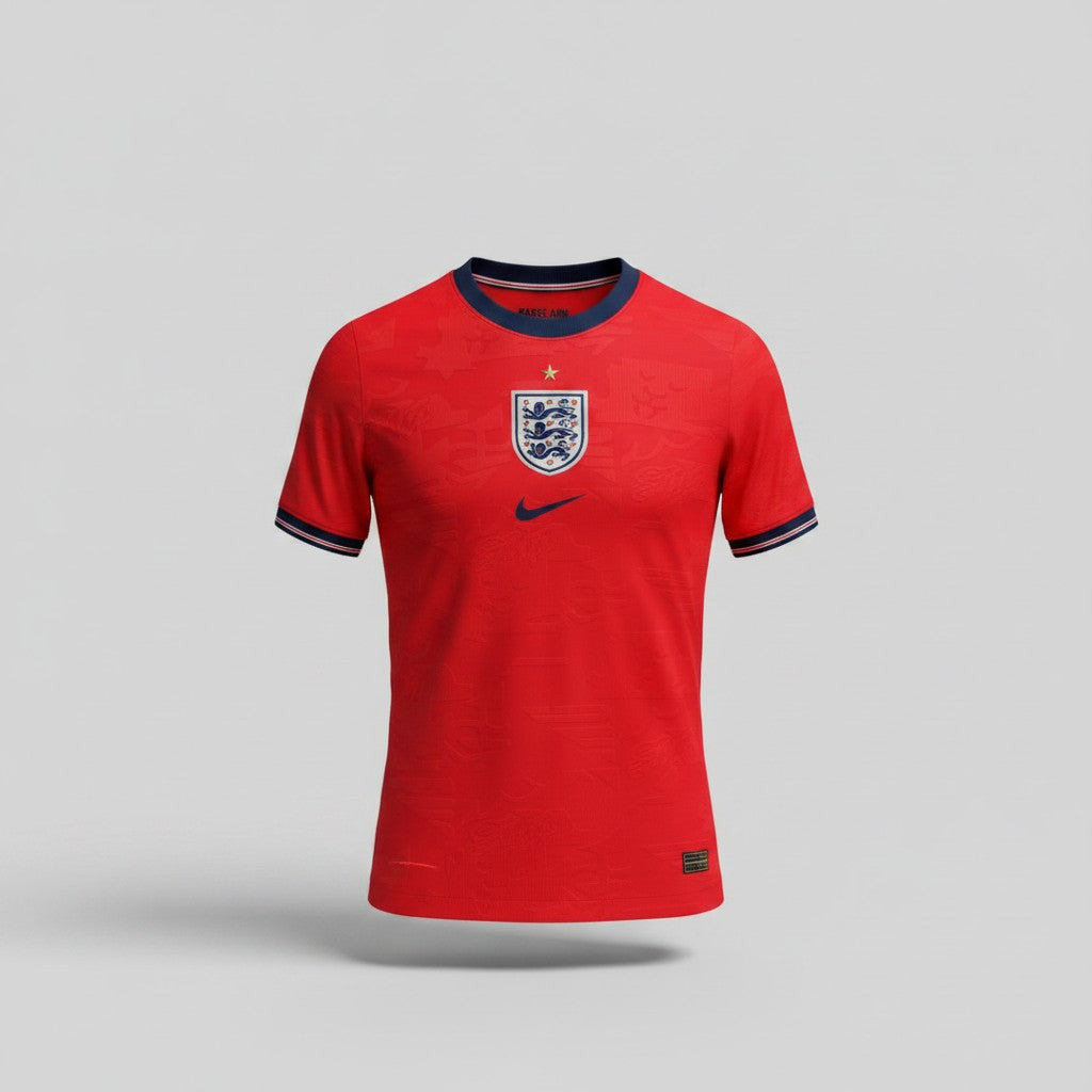 Red England away football jersey with navy crew neck collar, Three Lions crest and striped sleeve cuffs