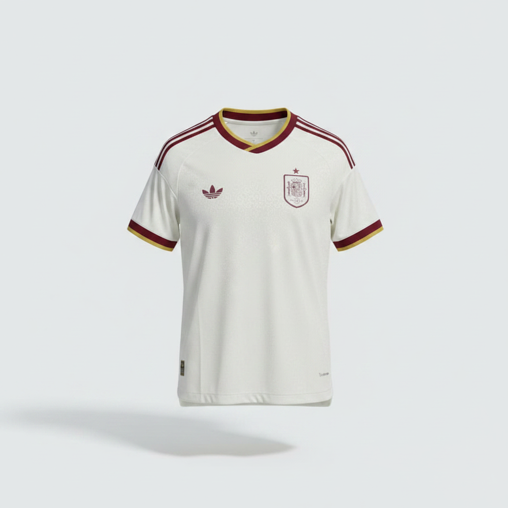 Cream Spain RFEF away football jersey with maroon V-neck collar, gold trim, Adidas trefoil and maroon stripe cuffs