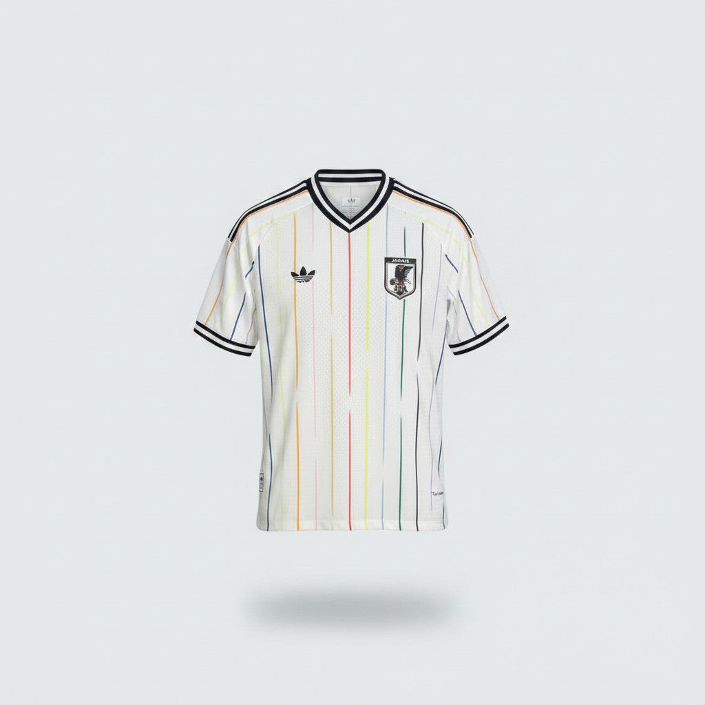 White Japan JFA away football jersey with multicolour vertical pinstripes, black V-neck collar and Adidas trefoil logo