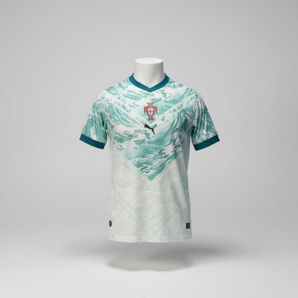 Mint Portugal FPF away football jersey with teal wave graphic print, teal V-neck collar and black Puma logo