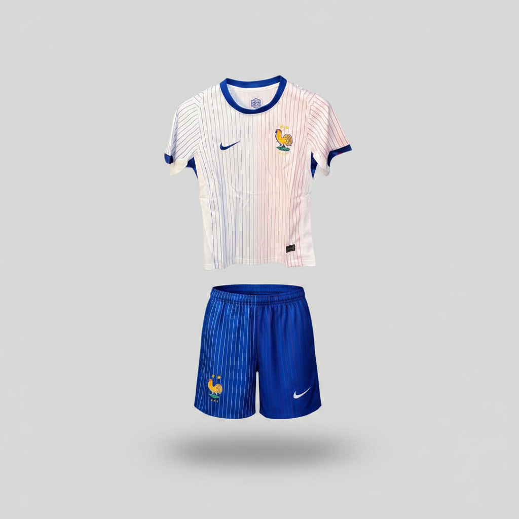 France FFF away football kit — white pinstripe jersey and royal blue pinstripe shorts