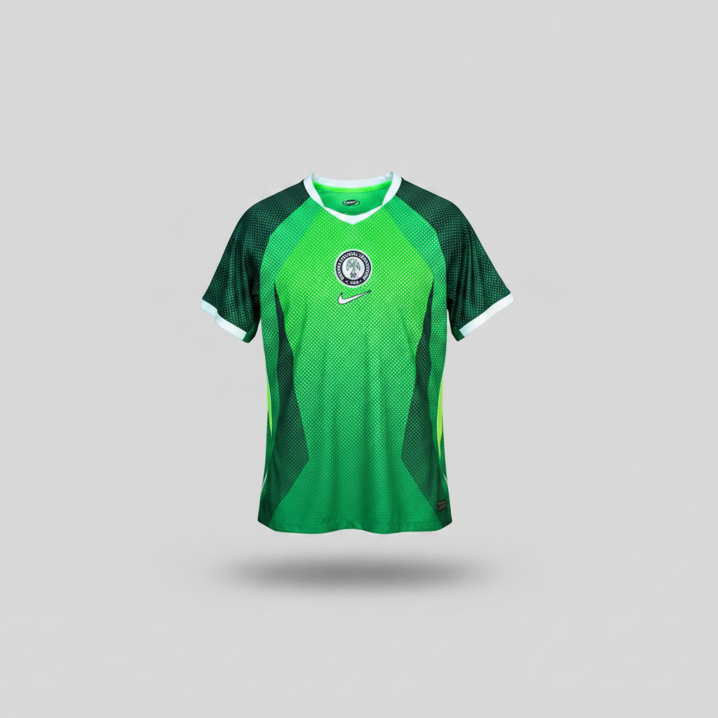Lime green Nigeria NFF home football jersey with dot mesh texture, dark green raglan sleeves and white Nike swoosh