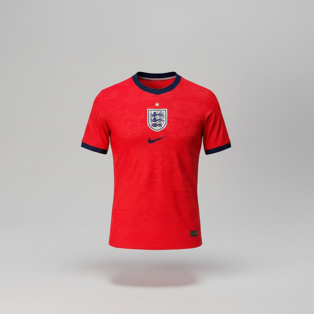 Red away football jersey with navy crew neck collar, gold trim, white shield crest and navy sleeve cuffs