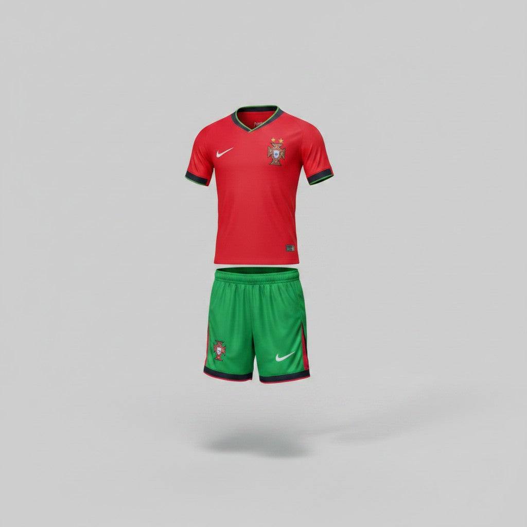 Red football jersey with dark green V-neck collar and gold trim paired with bright green shorts