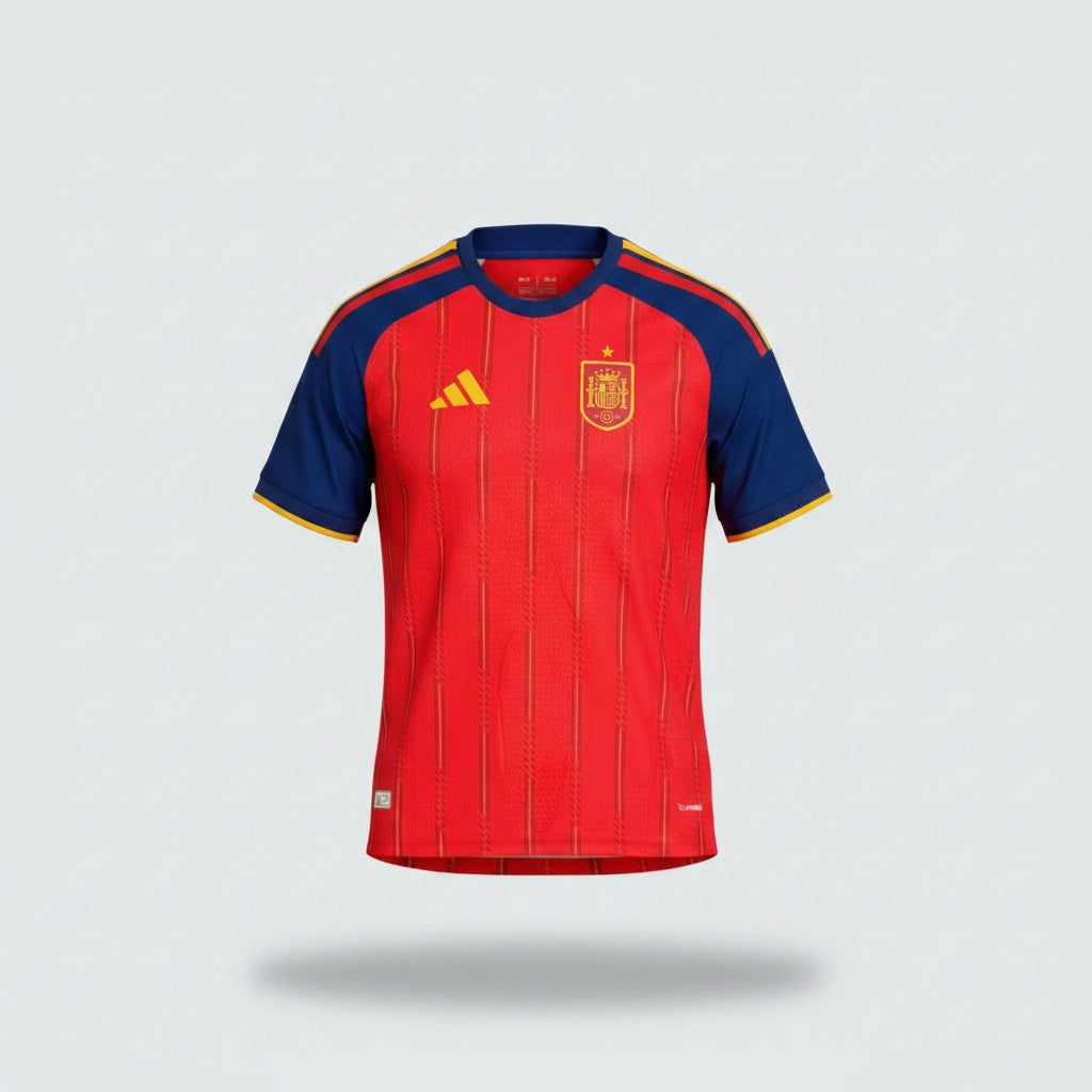 Red football jersey with gold vertical pinstripes, navy raglan sleeves and yellow three-stripe shoulder detailing