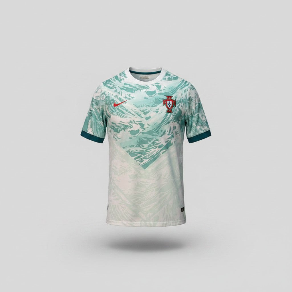 White football jersey with teal wave marble graphic print, red swoosh logo and dark teal sleeve cuffs