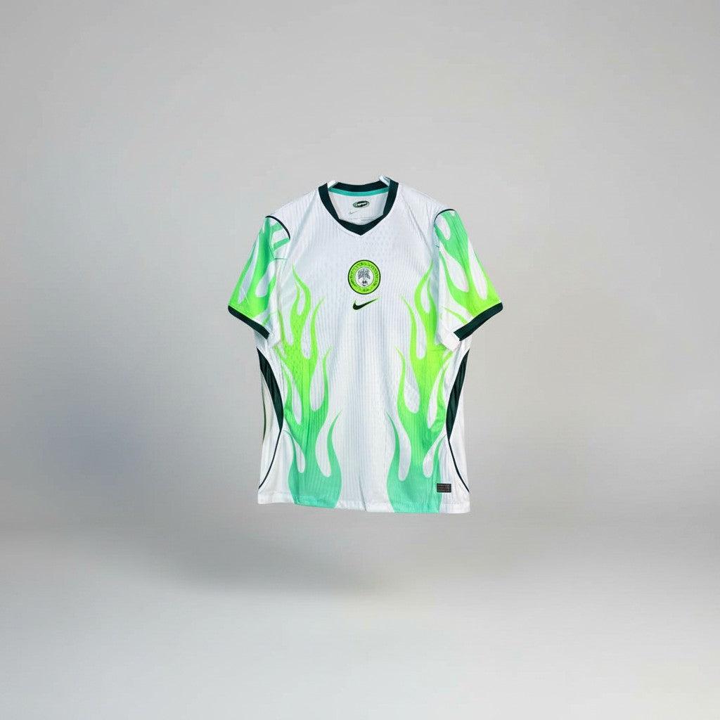 White football jersey with neon green flame graphic print, dark green V-neck collar and dark green side panels