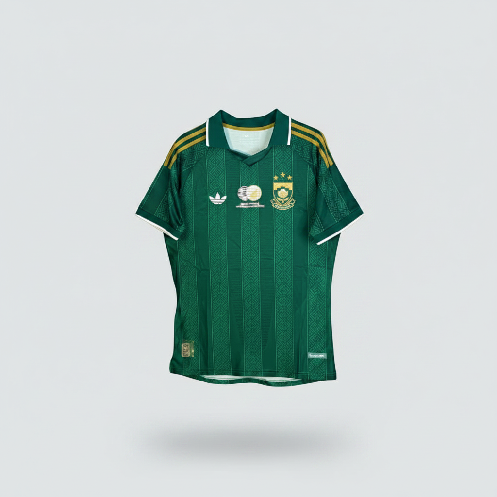 Dark green football jersey with diamond jacquard texture, gold three-stripe shoulders and white polo V-neck collar