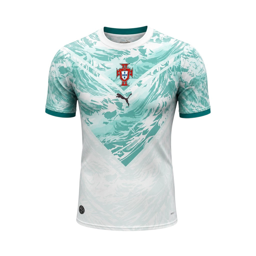 White crew neck short sleeve sports tee with teal ocean wave chevron graphic — ghost mannequin front view