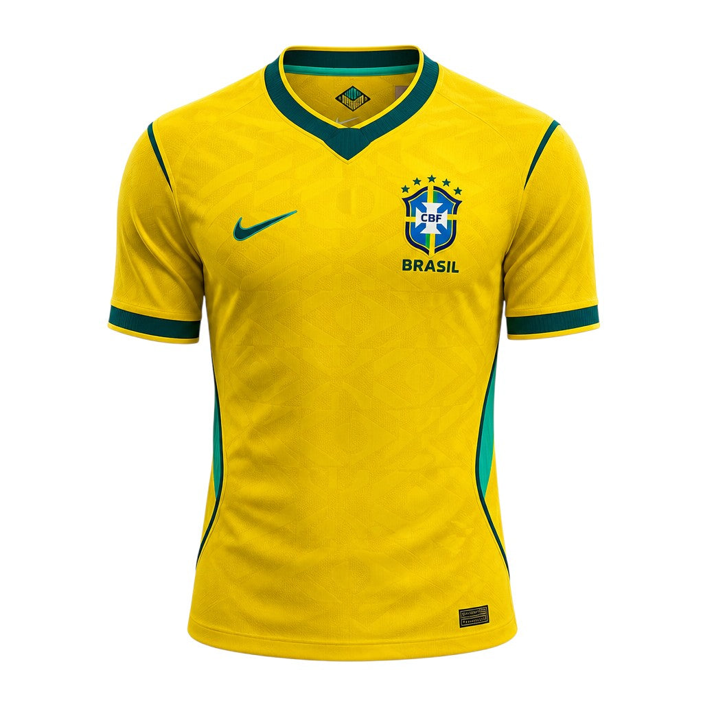 Bright yellow and dark green V-neck short sleeve sports tee — ghost mannequin front view on white background