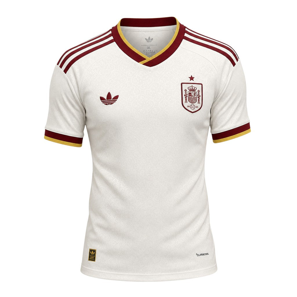 White V-neck short sleeve sports tee with burgundy shoulder stripes and gold trim — ghost mannequin front view