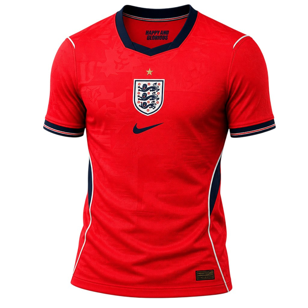 Red V-neck short sleeve sports jersey with navy collar and three lions crest — ghost mannequin front view