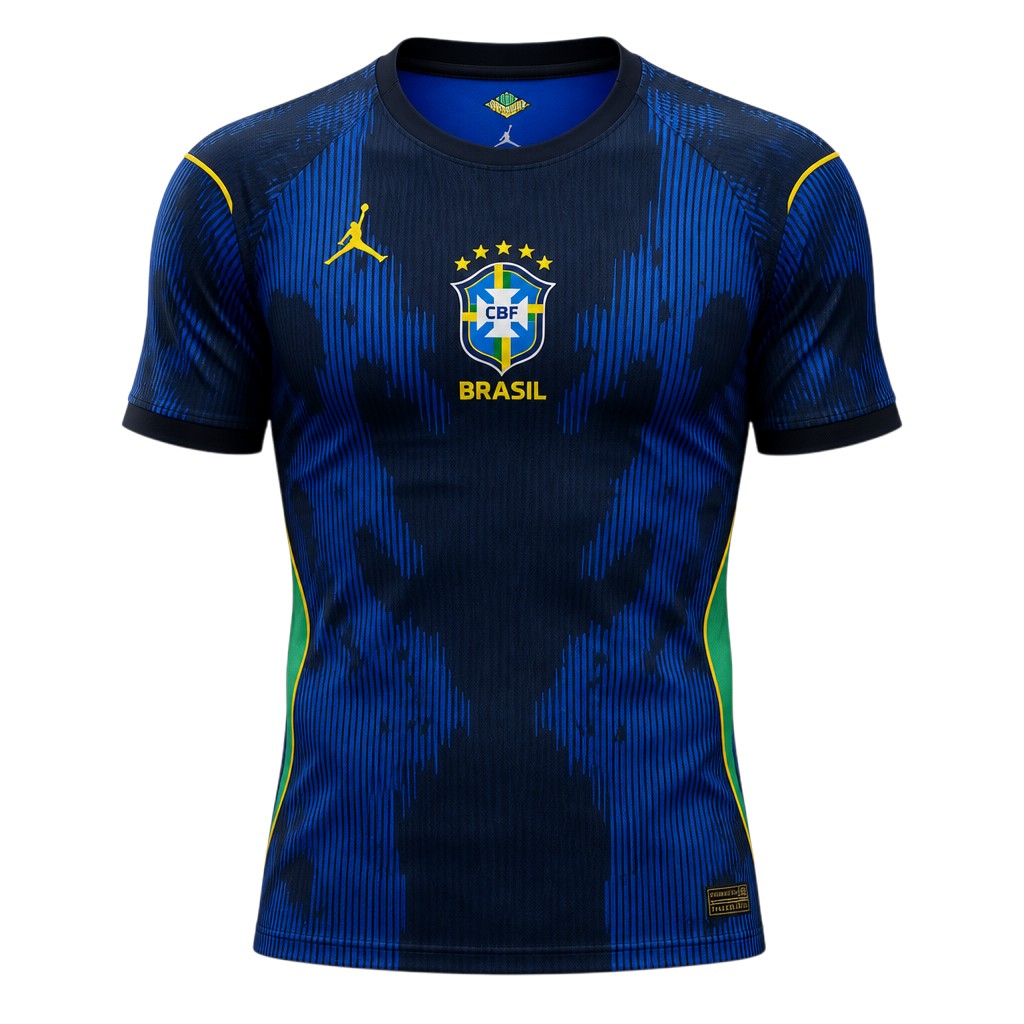 Dark navy short sleeve sports jersey with electric blue vertical stripe graphic and crest badge — ghost mannequin front view