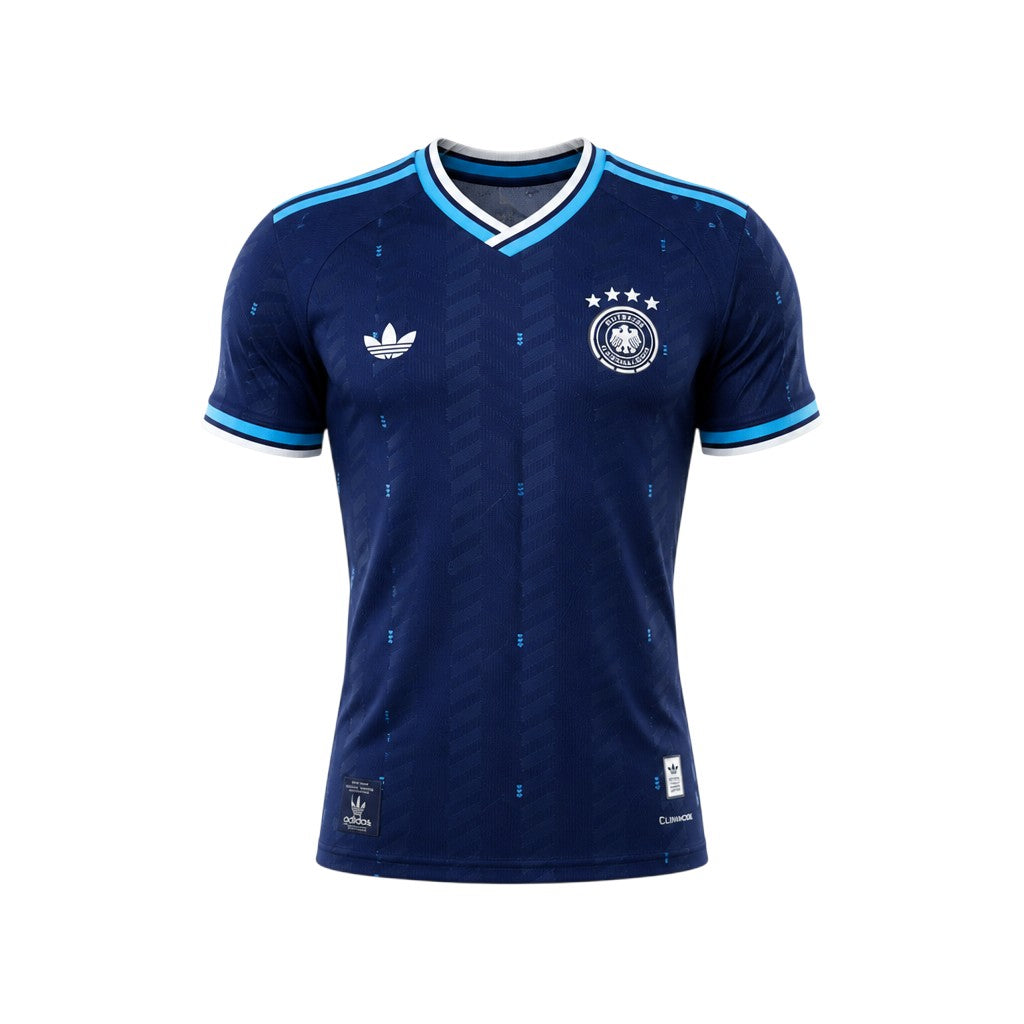 Dark navy blue V-neck sports jersey with sky blue shoulder stripes and eagle crest badge — ghost mannequin front view