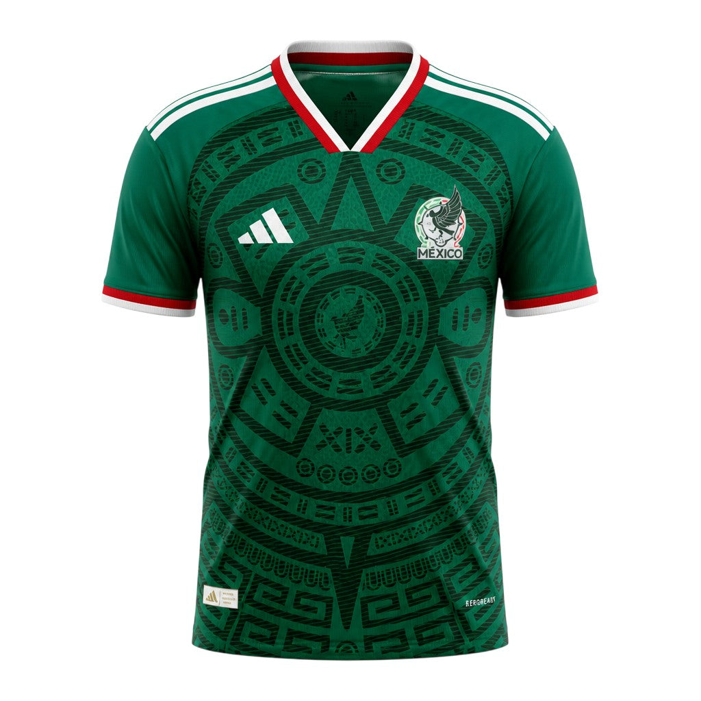 Bright green V-neck sports jersey with dark tonal Aztec graphic and eagle crest badge — ghost mannequin front view