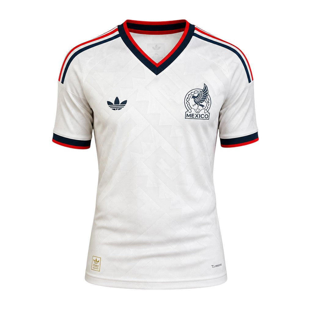 White V-neck sports jersey with navy and red shoulder stripes and eagle crest badge — ghost mannequin front view
