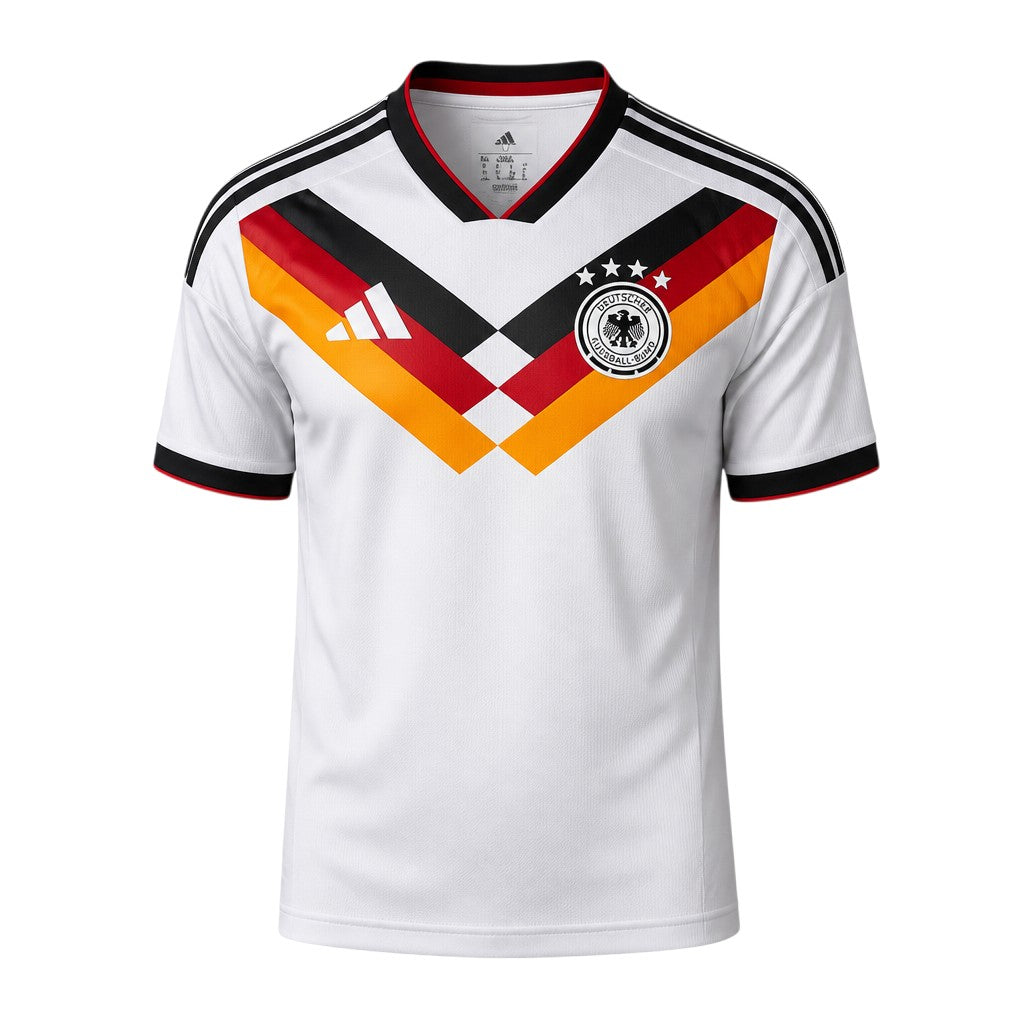 White V-neck football jersey with black red and gold chevron graphic and eagle crest badge — ghost mannequin front view