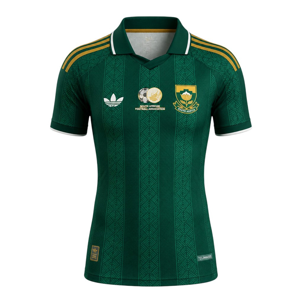 Dark green short sleeve football jersey with gold shoulder stripes and protea crest badge — ghost mannequin front view