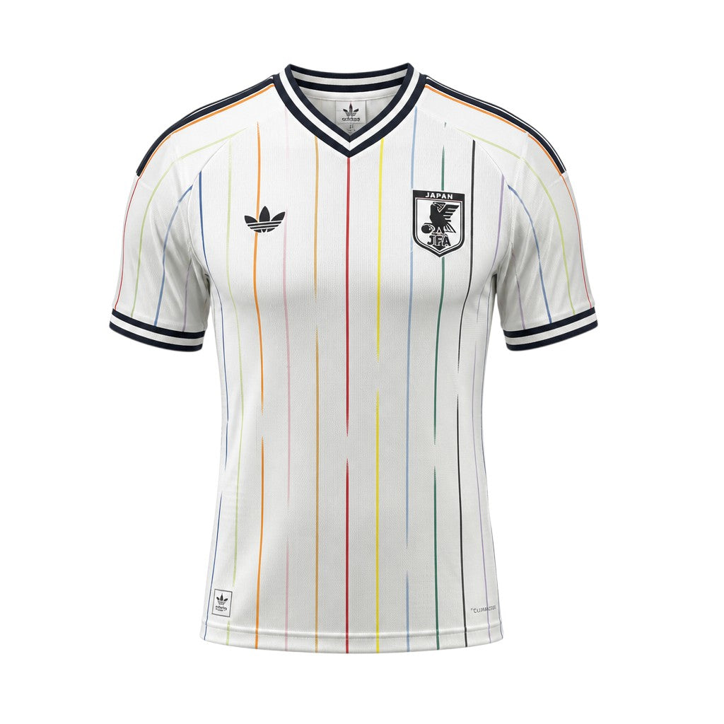 White V-neck football jersey with multicolour vertical pinstripes and eagle crest badge — ghost mannequin front view