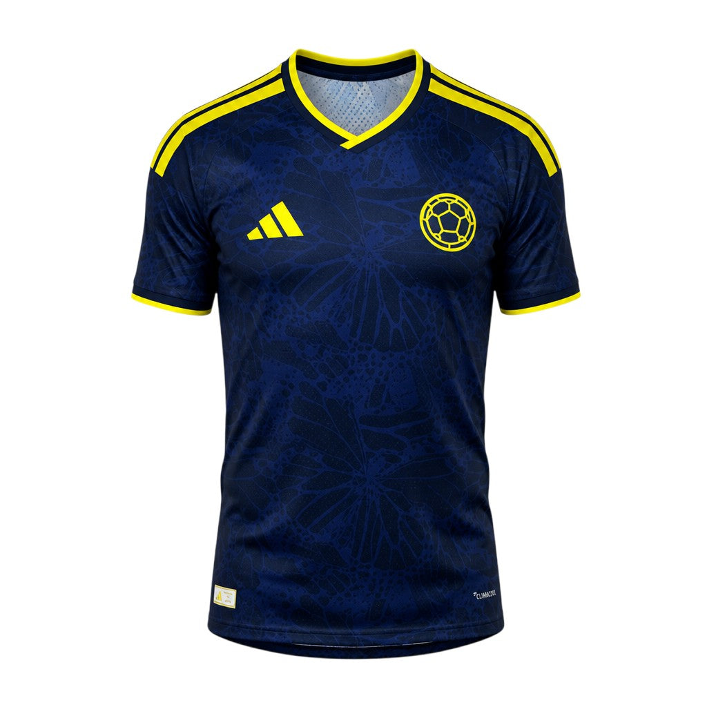 Dark navy blue V-neck football jersey with yellow shoulder stripes and football crest badge — ghost mannequin front view
