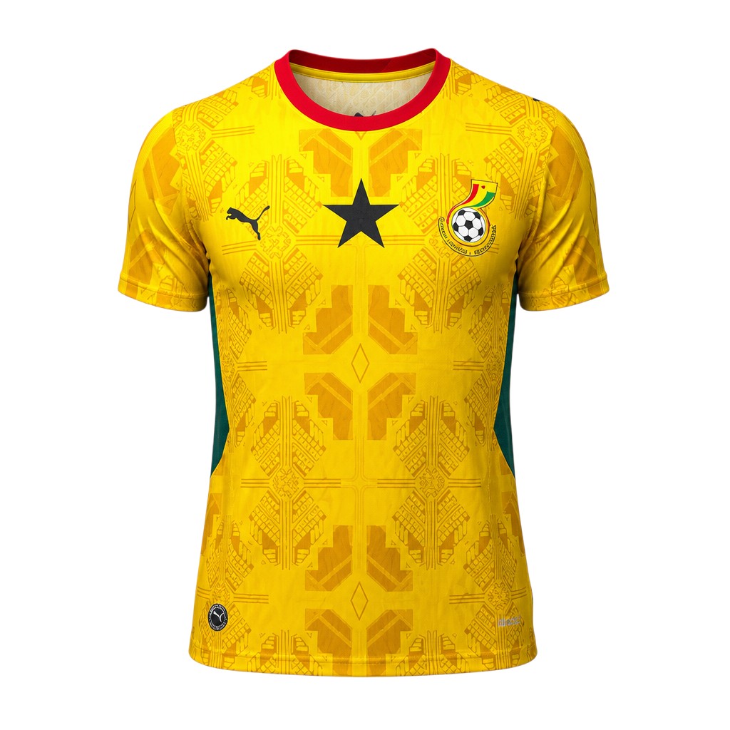 Bright yellow crew neck football jersey with black star, red collar and Kente pattern — ghost mannequin front view