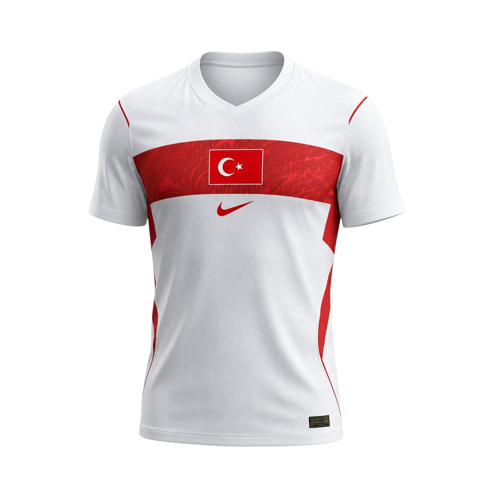White V-neck football jersey with red chest band, crescent moon and star badge and red side panels — ghost mannequin front view