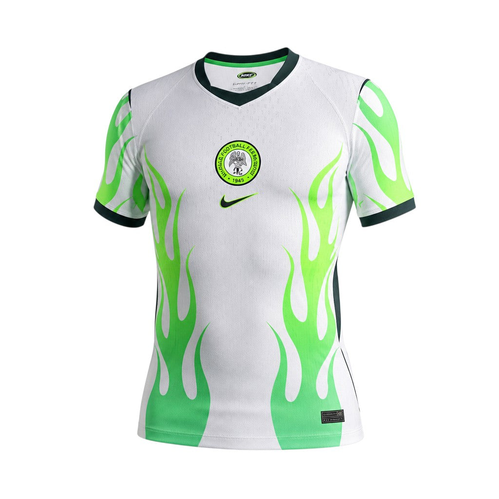 White V-neck football jersey with neon green flame graphics and NFF crest badge — ghost mannequin front view