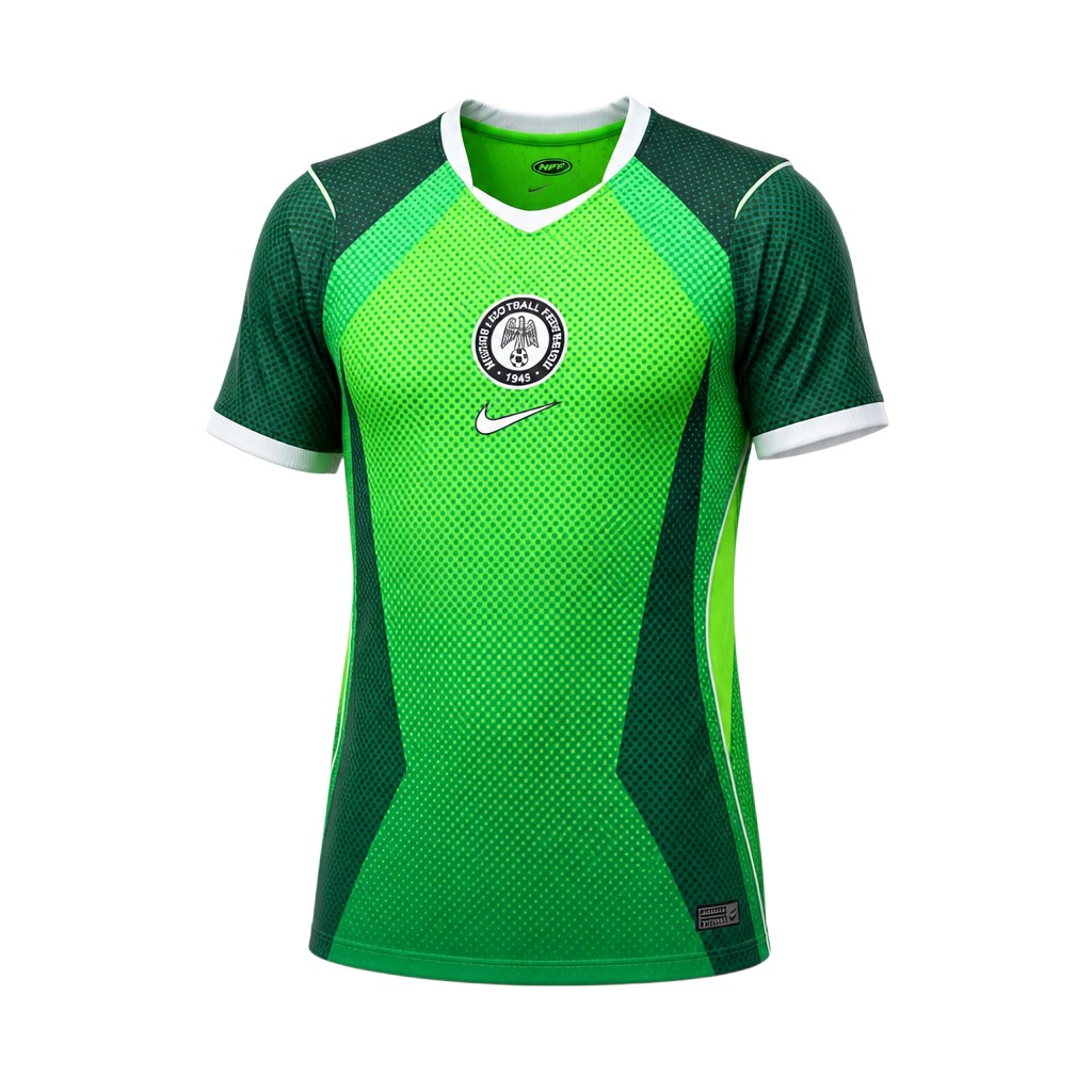 Bright green V-neck football jersey with dark green raglan panels, neon gradient and NFF crest badge — ghost mannequin front view