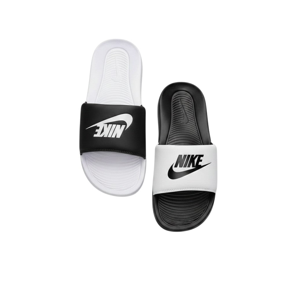 Black White Split Colourway Logo Strap Ribbed Men's Slides