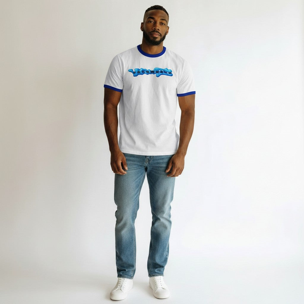 Men's White Blue Trim Graphic Ringer Tee - Model Shot