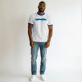 Men's White Blue Trim Graphic Ringer Tee - Model Shot