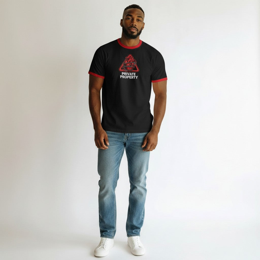 Men's Black Red Trim Private Property Graphic Ringer Tee - Model Shot