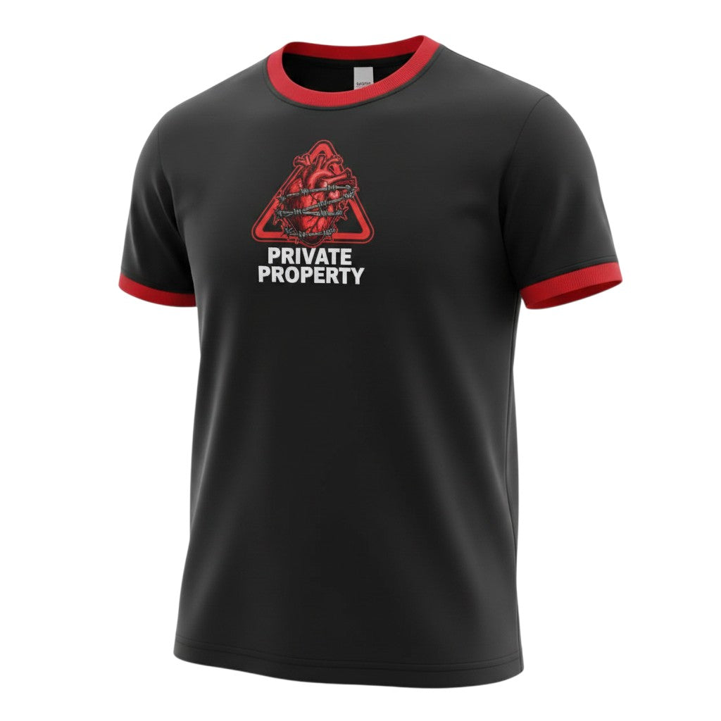 Men's Black Red Trim Private Property Graphic Ringer Tee - Ghost Mannequin