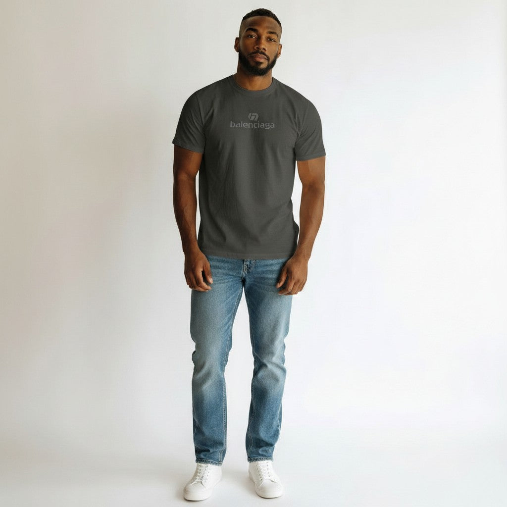 Men's Charcoal Grey Tonal Logo Graphic Crew Neck Tee - Model Shot