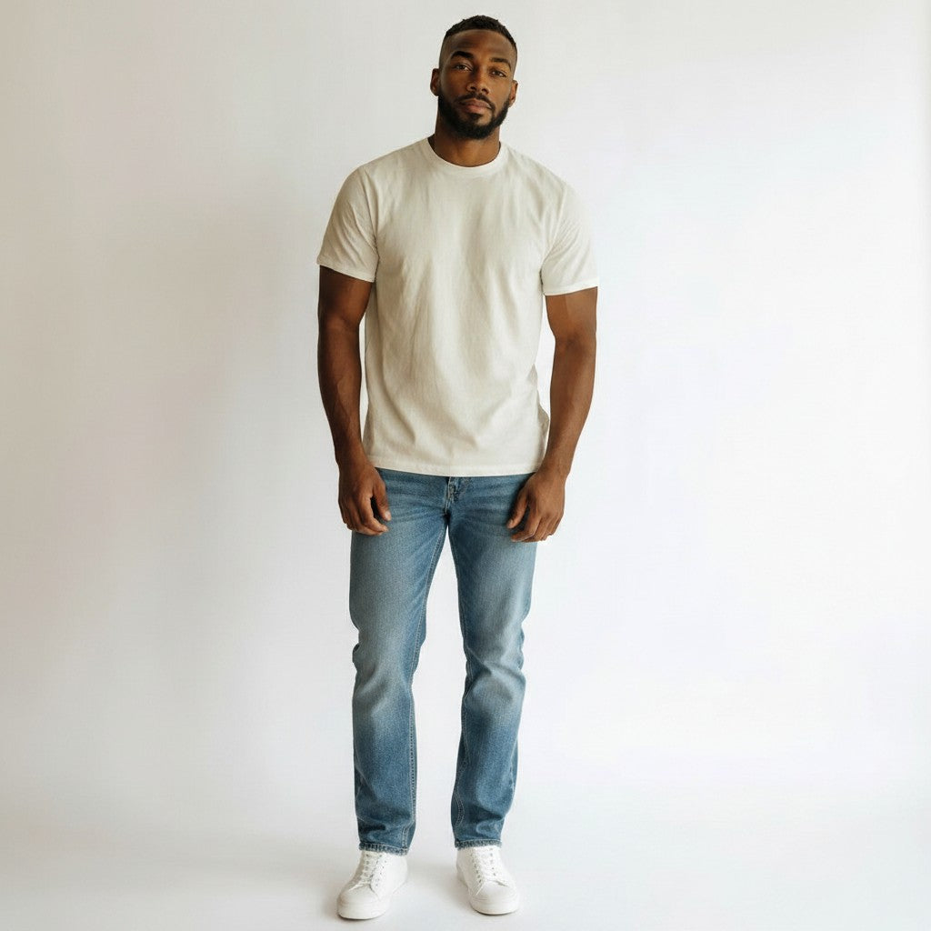 Men's Cream All-Over Checker Textured Crew Neck Tee - Model Shot