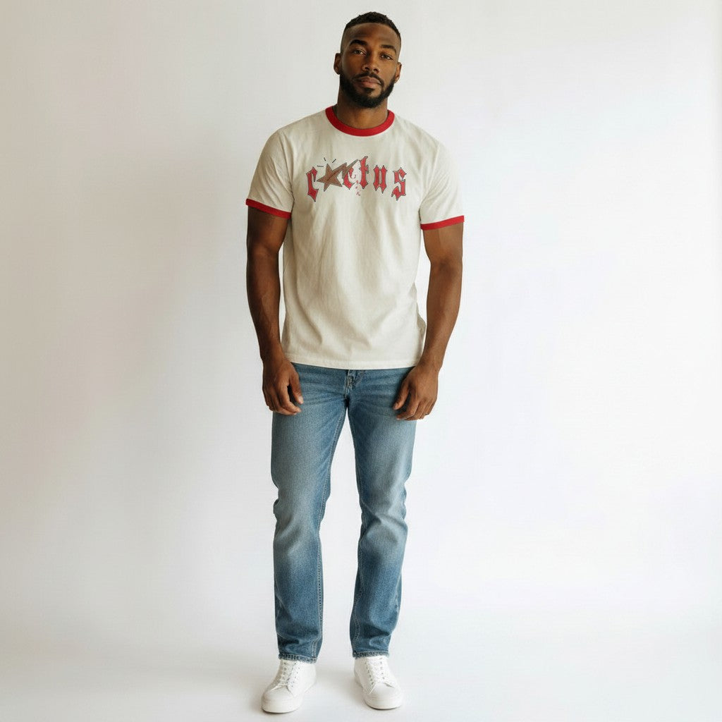 Men's Cream Red Trim Star Gothic Graphic Ringer Tee - Model Shot