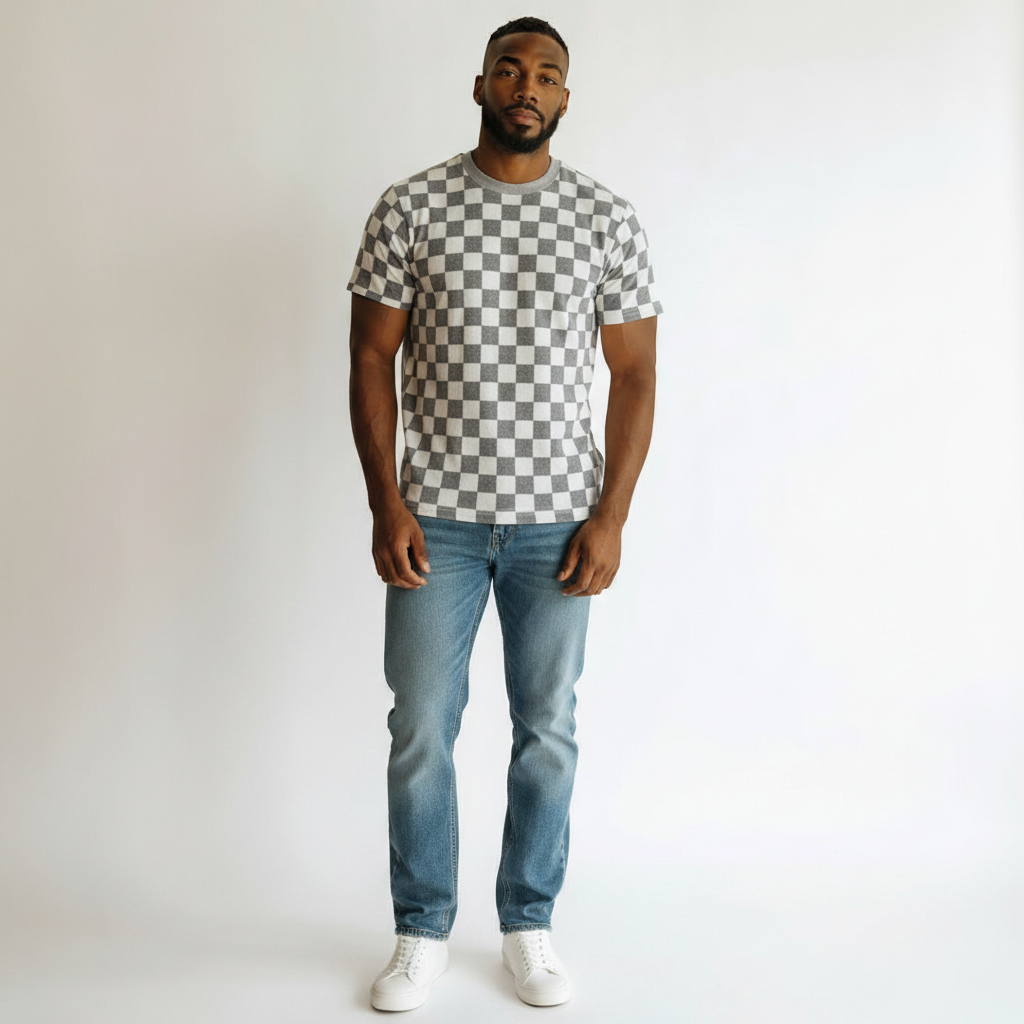 Men's Grey White All-Over Checkerboard Crew Neck Tee - Model Shot